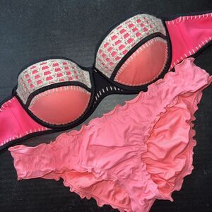 Victoria's Secret 36B BIKINI S Ruffle Cheeky Bottom ORANGE PINK beige CROCHET
